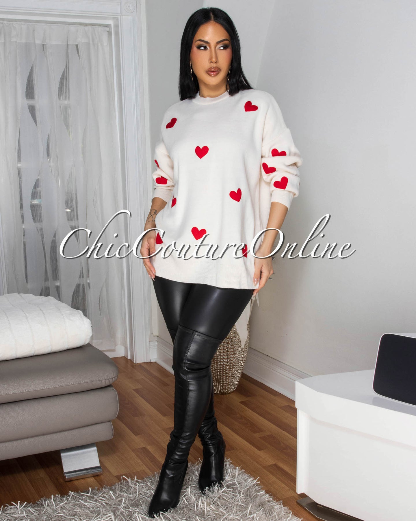 Ophelle Beige Red Hearts Knit Sweater