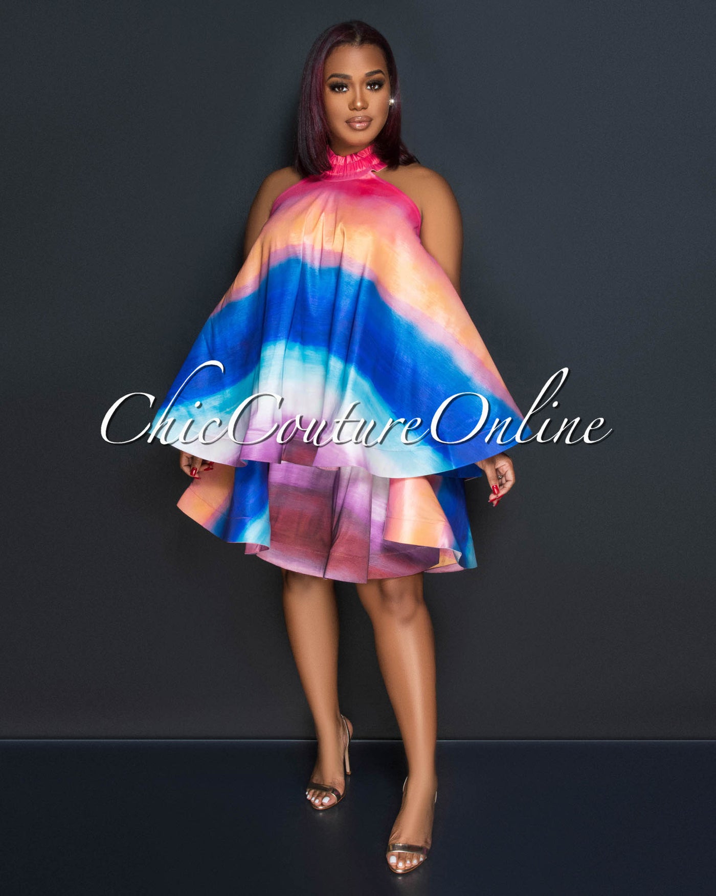 Rebeca Multi-Color Shift Ruffle Halter Dress