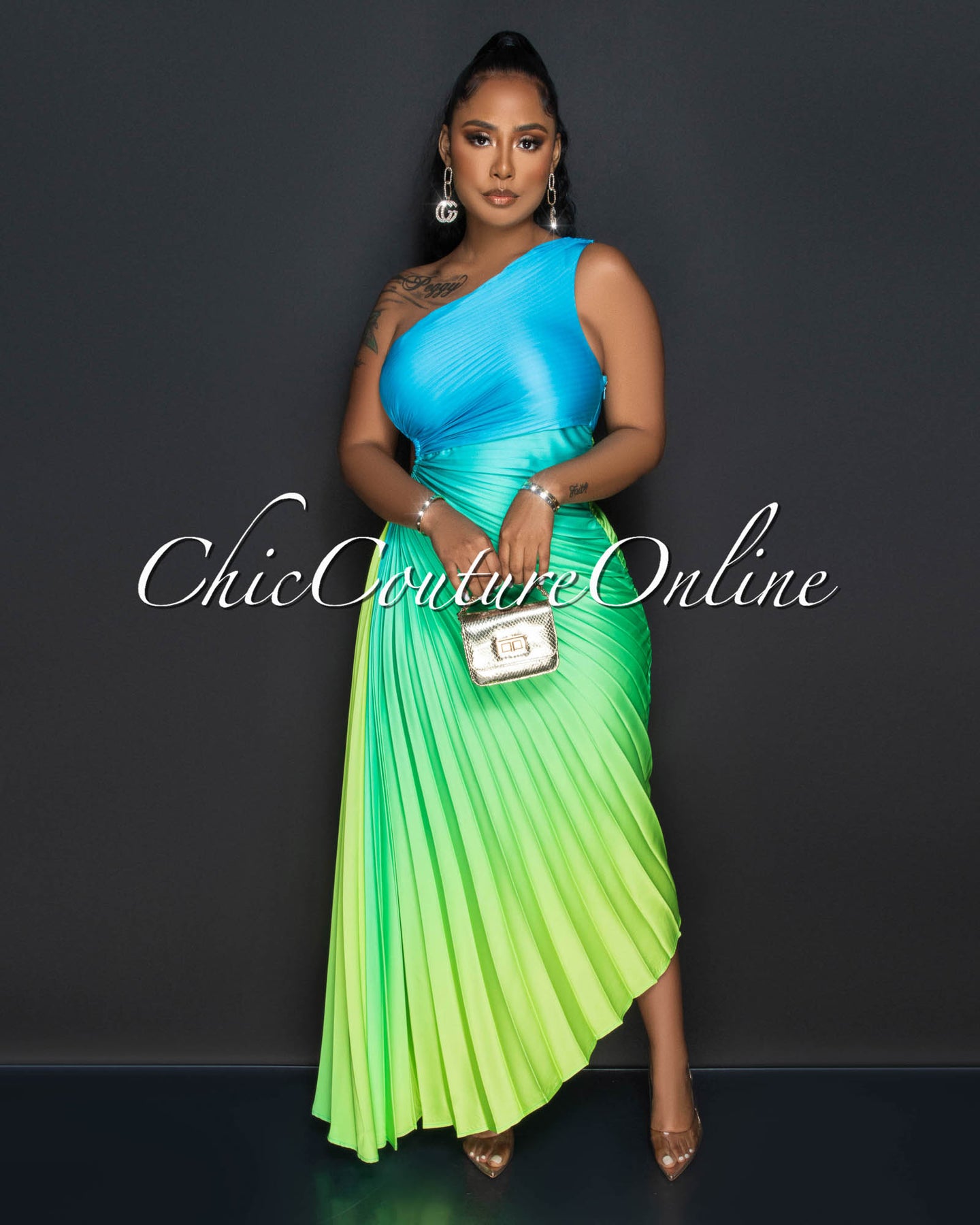 Miller Green Pleated Single Shoulder Maxi Dress