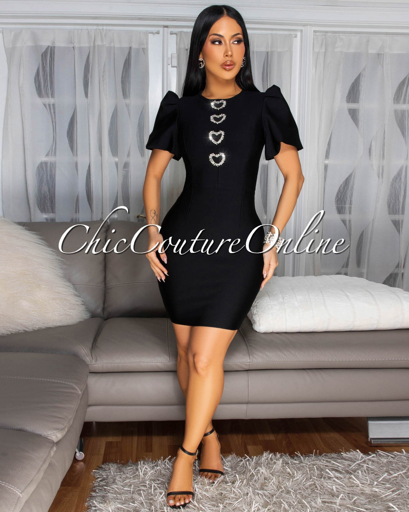 Contessa Black Puffy Sleeves Rhinestones Heart Bandage Dress