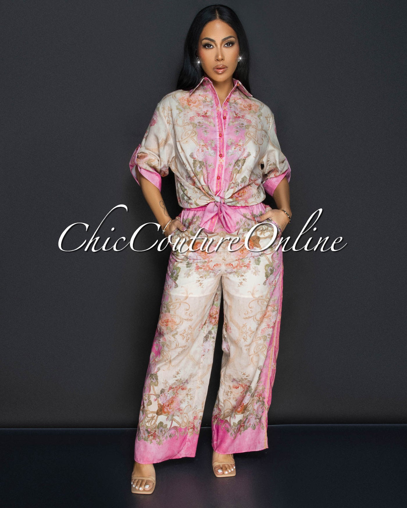 Lovena Pink Floral Collared Shirt & Wide Capri Pants Set