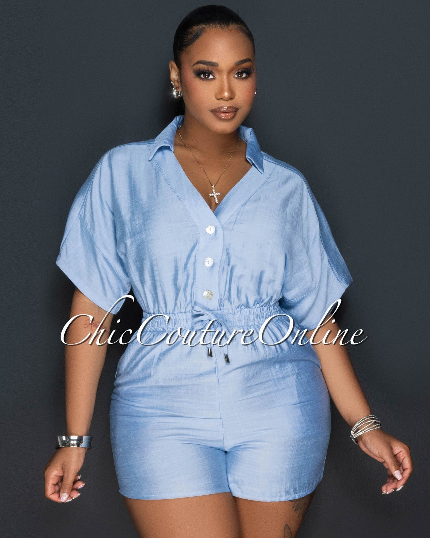 Fausta Baby Blue Front Buttons Utility Romper