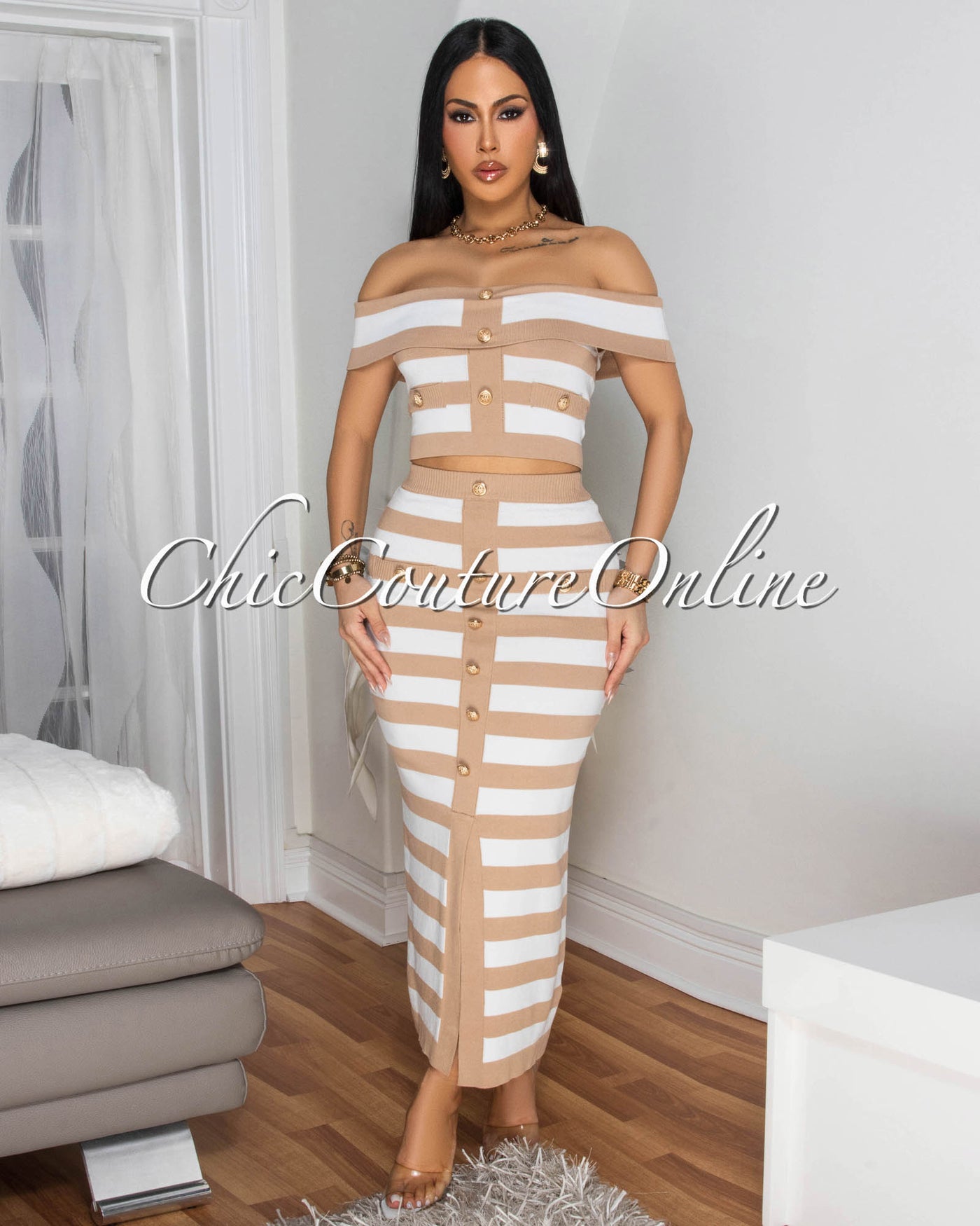 Mena Off-White Taupe Stripes Crop Top & Skirt Set