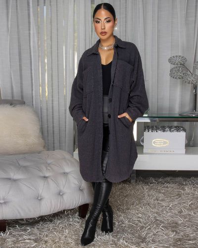 Jovelle Charcoal Grey Fleece Long Jacket