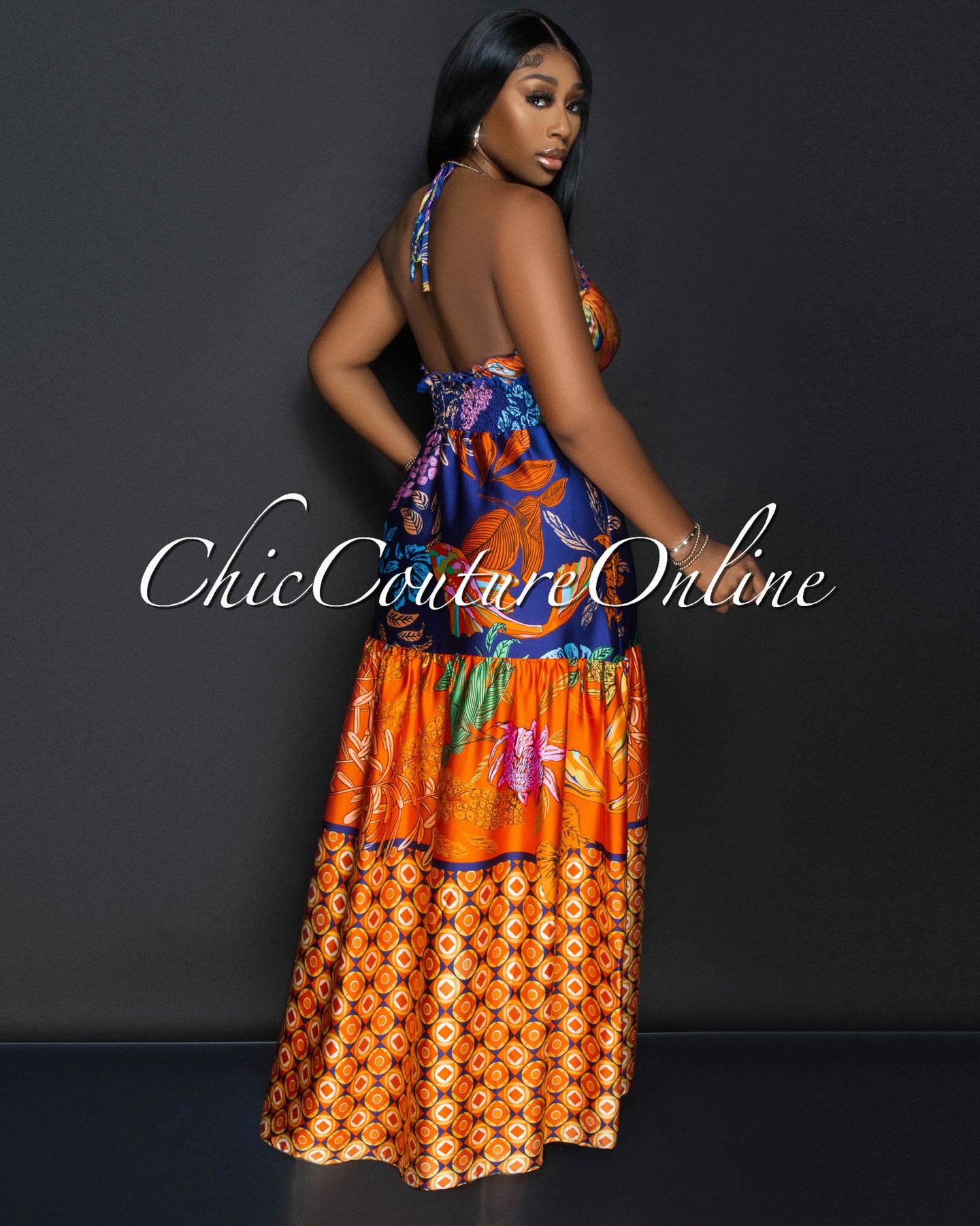 Eloza Orange Blue Tropical Halter Maxi Dress