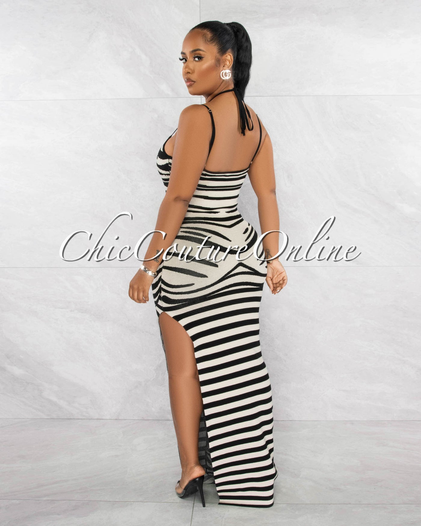 *Camie Black Nude Print Knit Maxi Dress