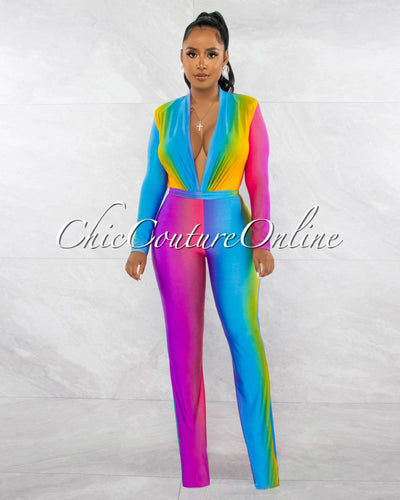 Cecilia Rainbow Multi-Color Ombre Deep V-Neck Jumpsuit