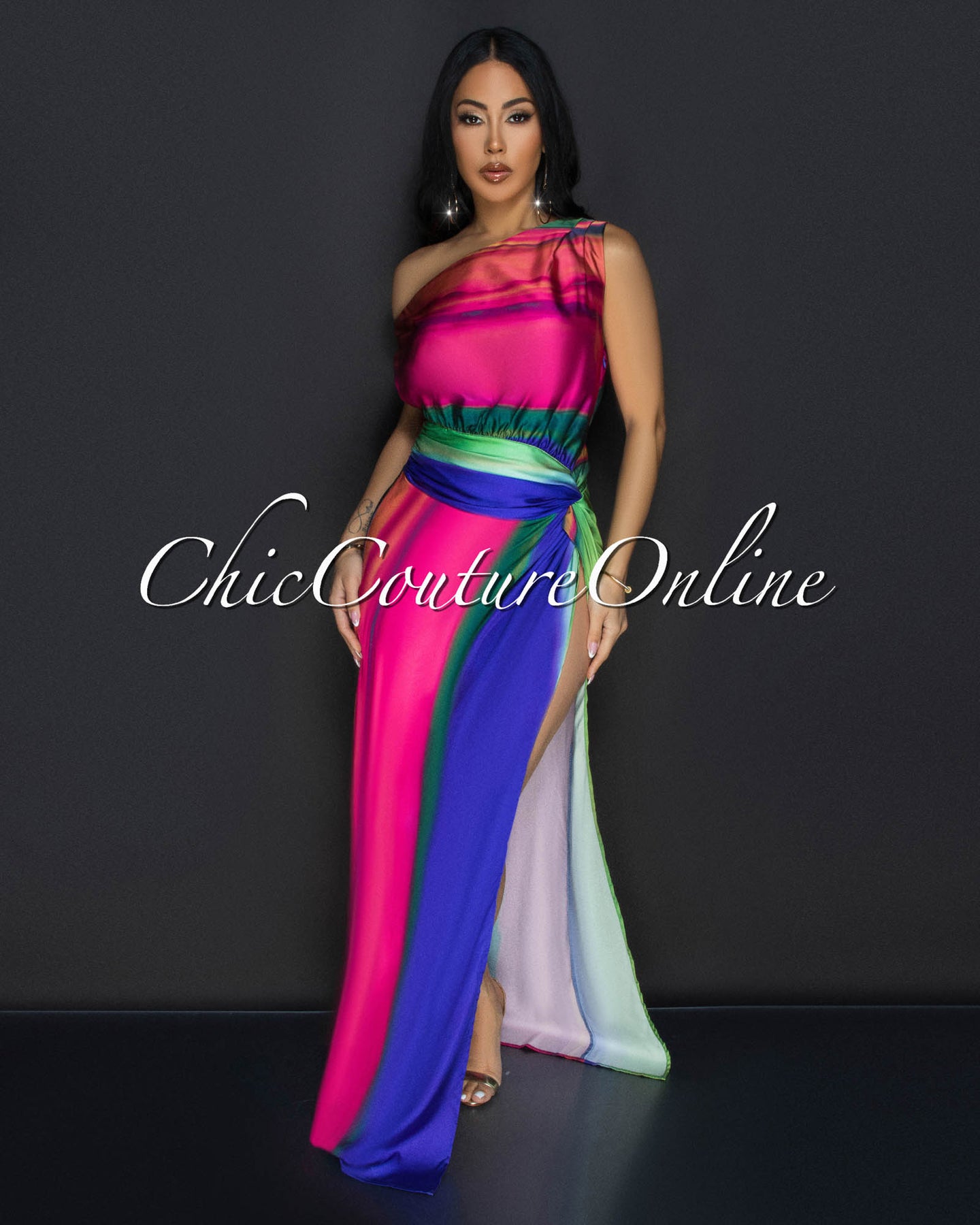 Imanie Multi-Color High Slit Silky Maxi Dress