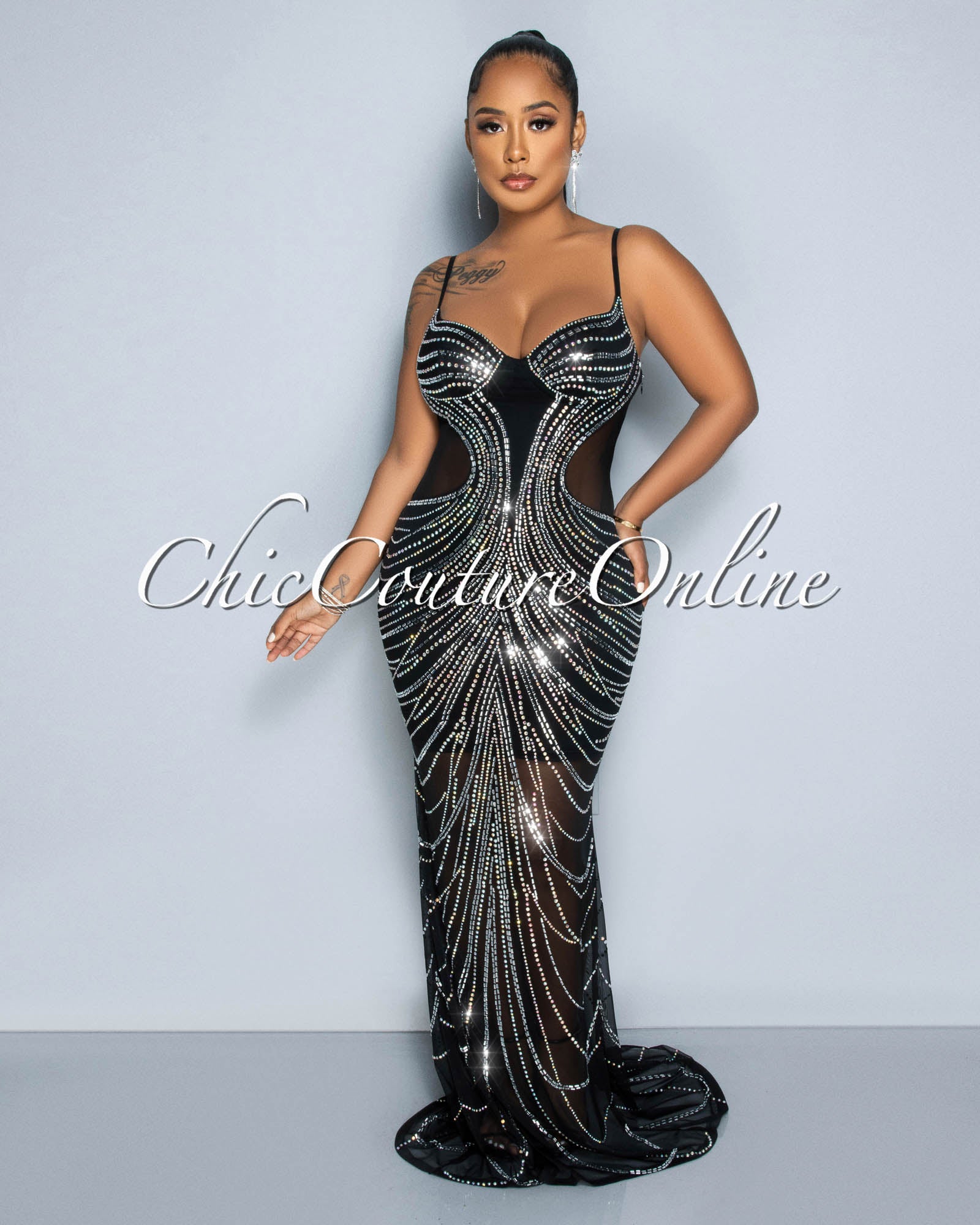 Susy Black Mesh Rhinestones Sheer Accent Maxi Dress