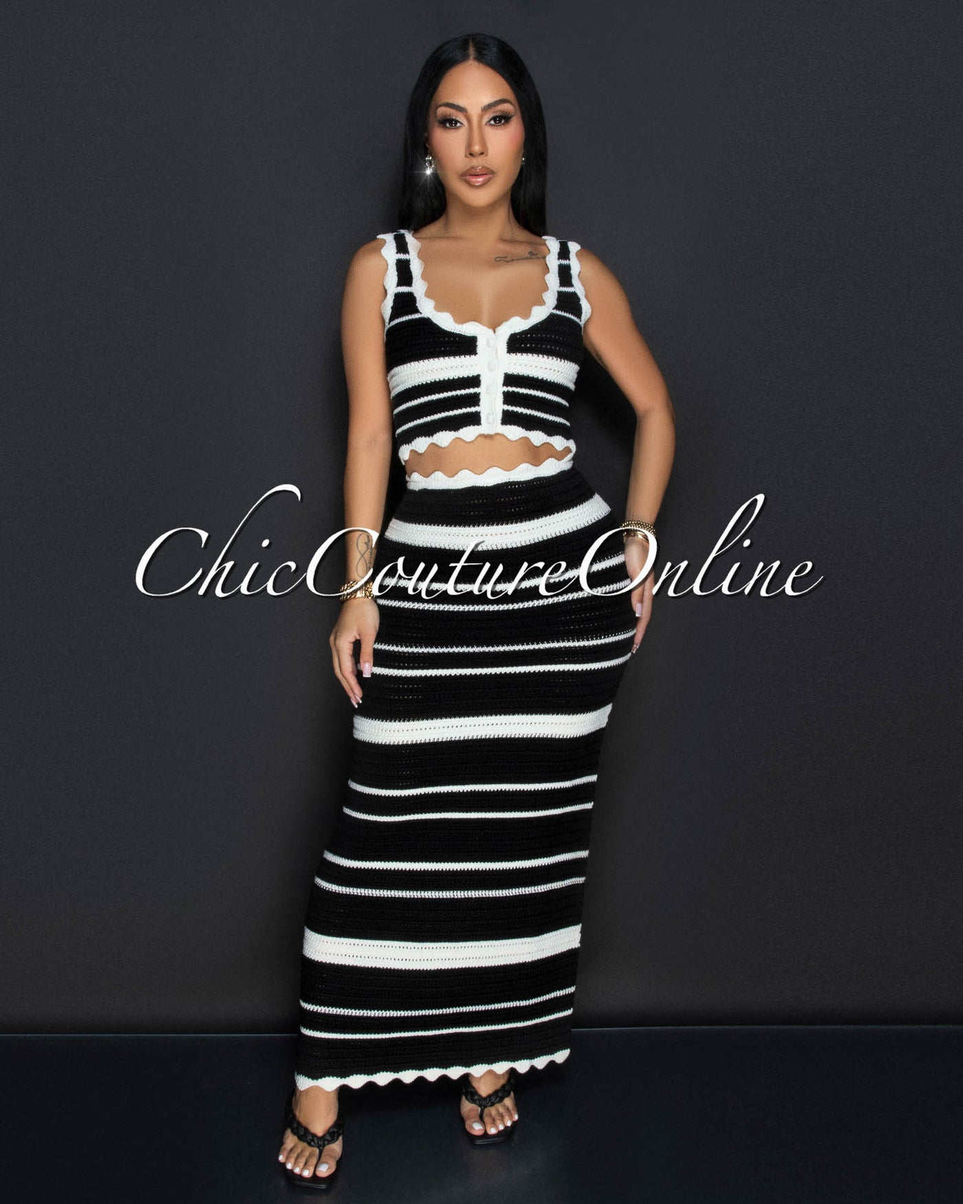 Karifa Black Ivory Crop Top & Maxi Skirt Crochet Set