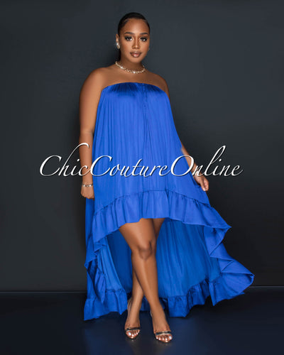 Lornie Royal Blue Hi-Low Ruffle Hem Silky Maxi Dress