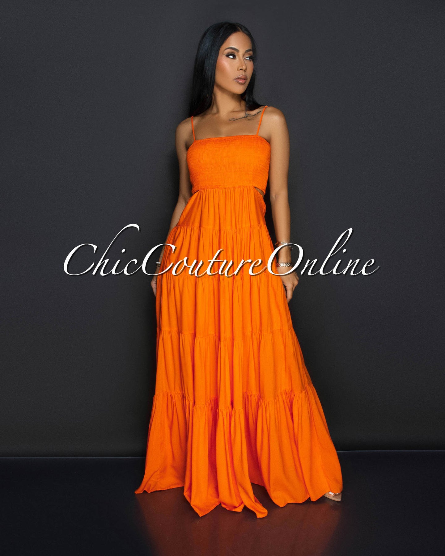 Kiri Orange Smocked Top Cut Out Ruffle Maxi Dress