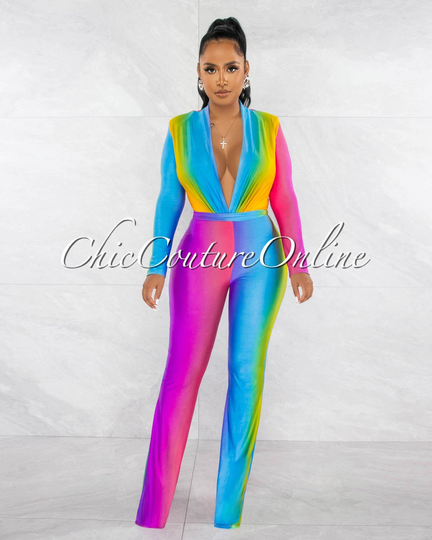 Cecilia Rainbow Multi-Color Ombre Deep V-Neck Jumpsuit