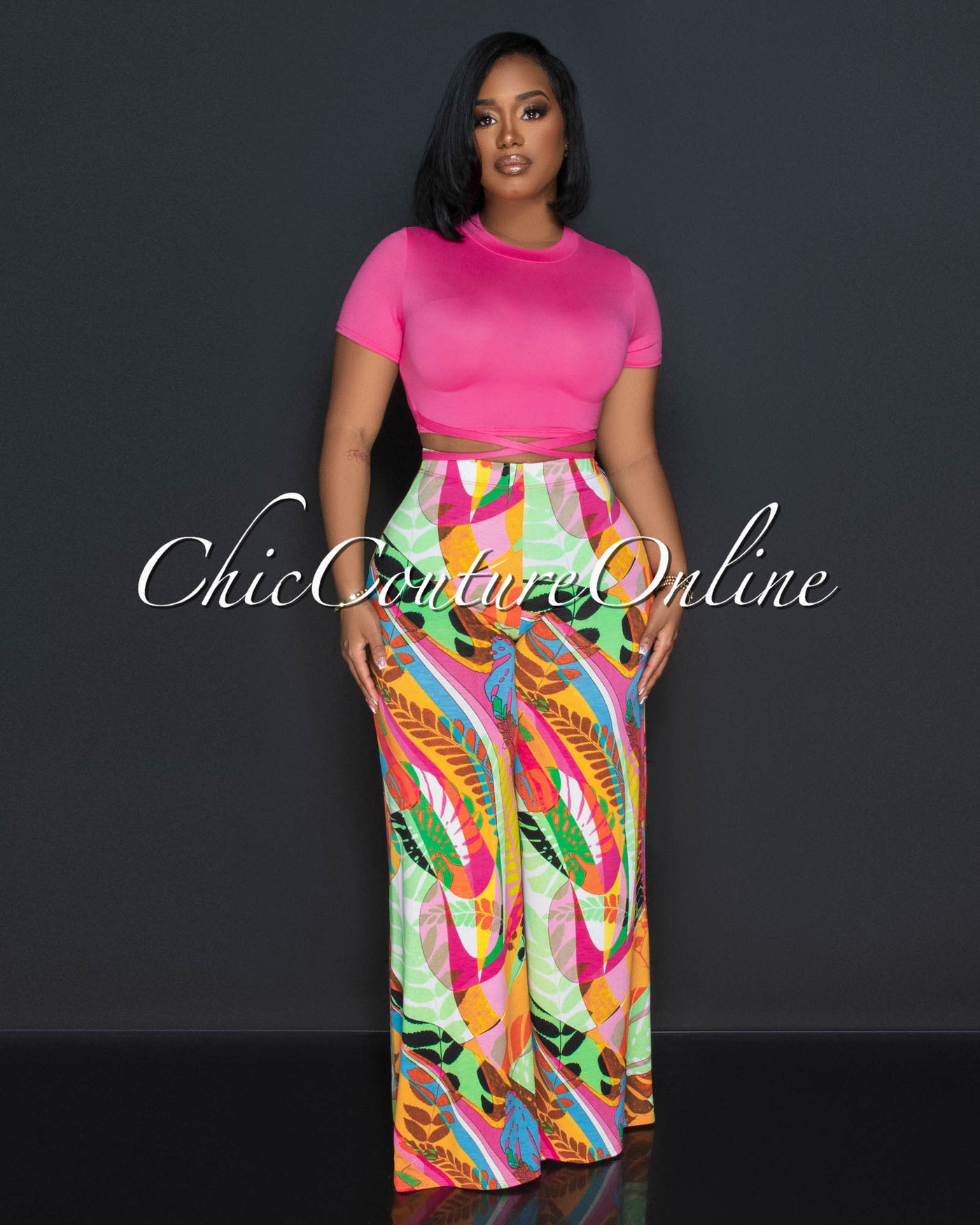 Maxine Fuchsia Crop Top & Multi-Color Print Wide Pants Set