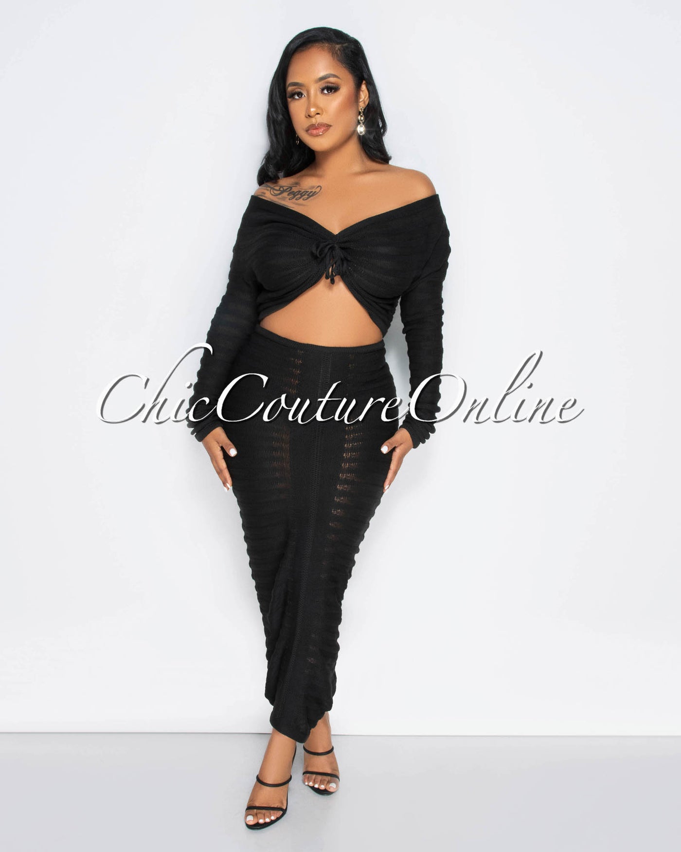 Ganiah Black Crochet Crop Top & Maxi Skirt Set
