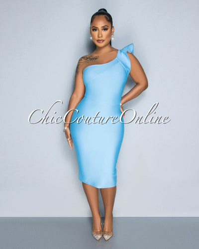 Jenessy Baby Blue Single Shoulder Ruffle Hem Bandage Dress