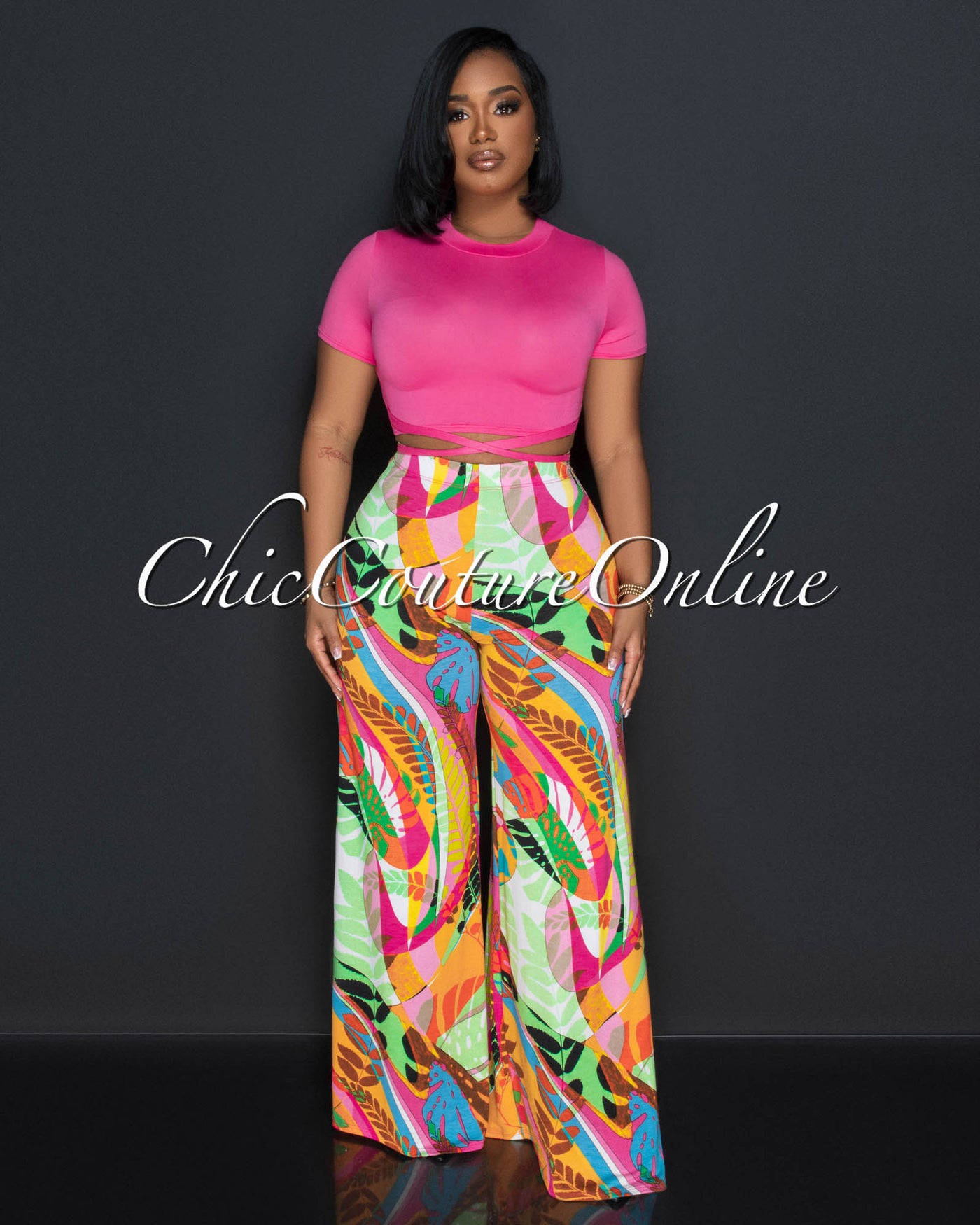 Maxine Fuchsia Crop Top & Multi-Color Print Wide Pants Set