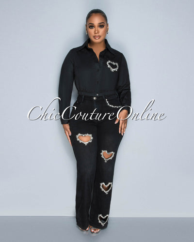 Donia Black Denim Rhinestones Heart Key-Hole Jeans