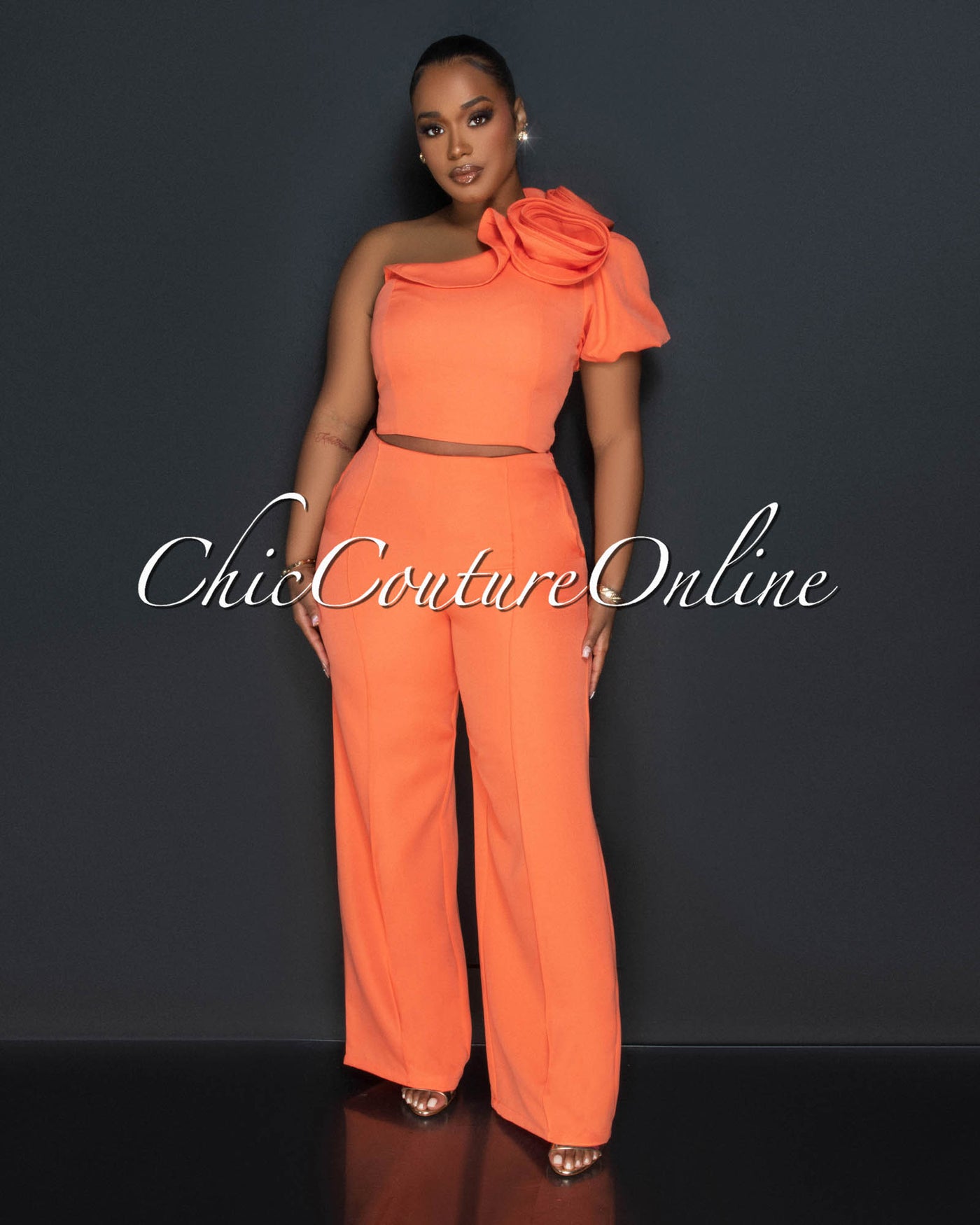 Elysa Orange Top & Wide Pants Set