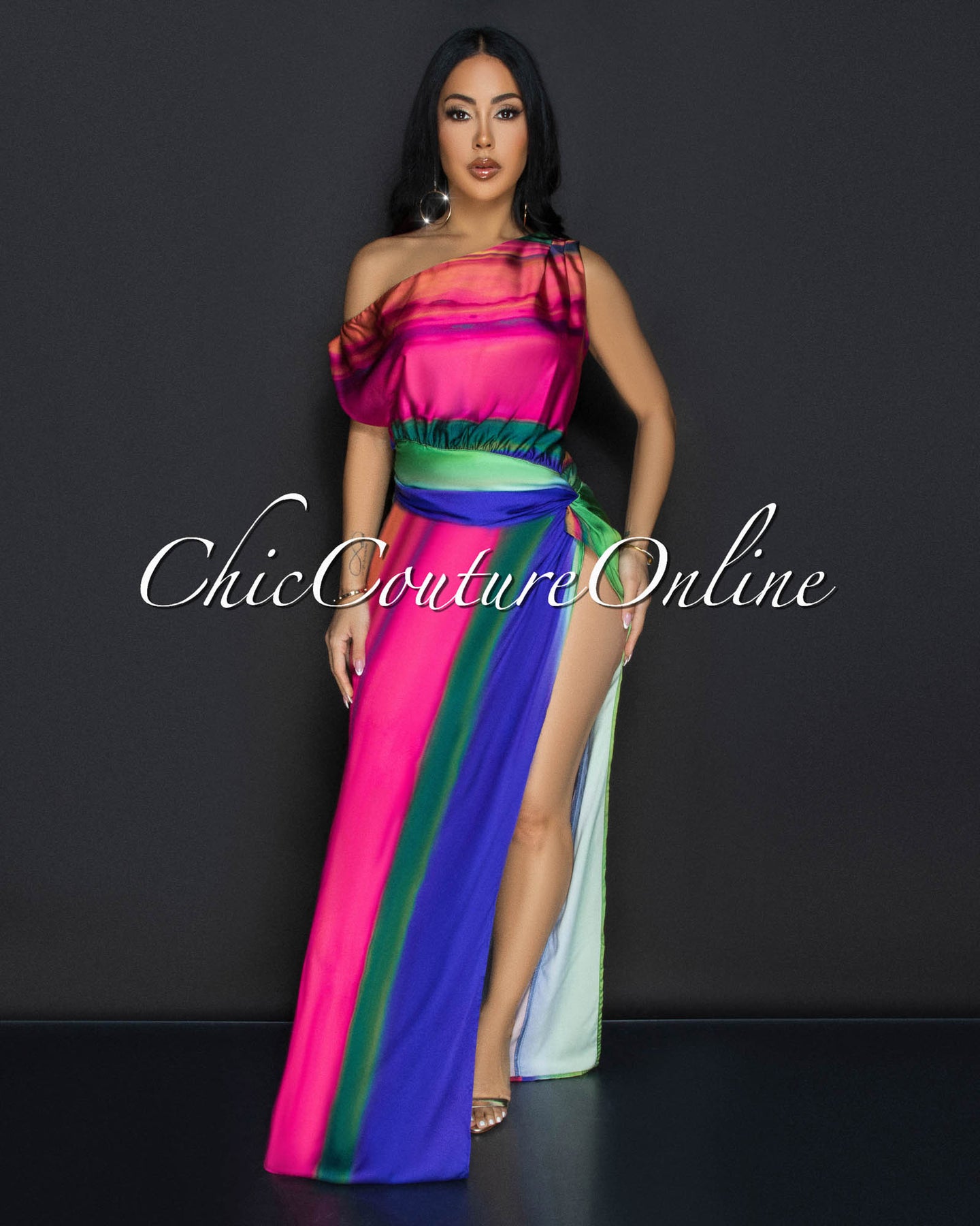 Imanie Multi-Color High Slit Silky Maxi Dress