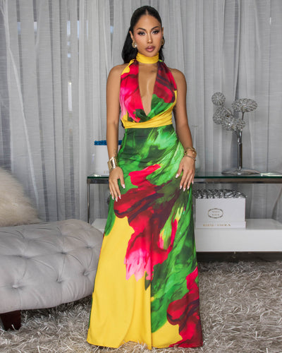 Nylah Yellow Green Bold Multi-Color Halter Maxi Dress
