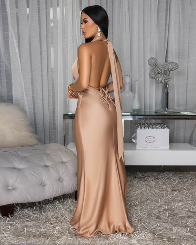 Lorena Mocha Silky Halter Maxi Dress
