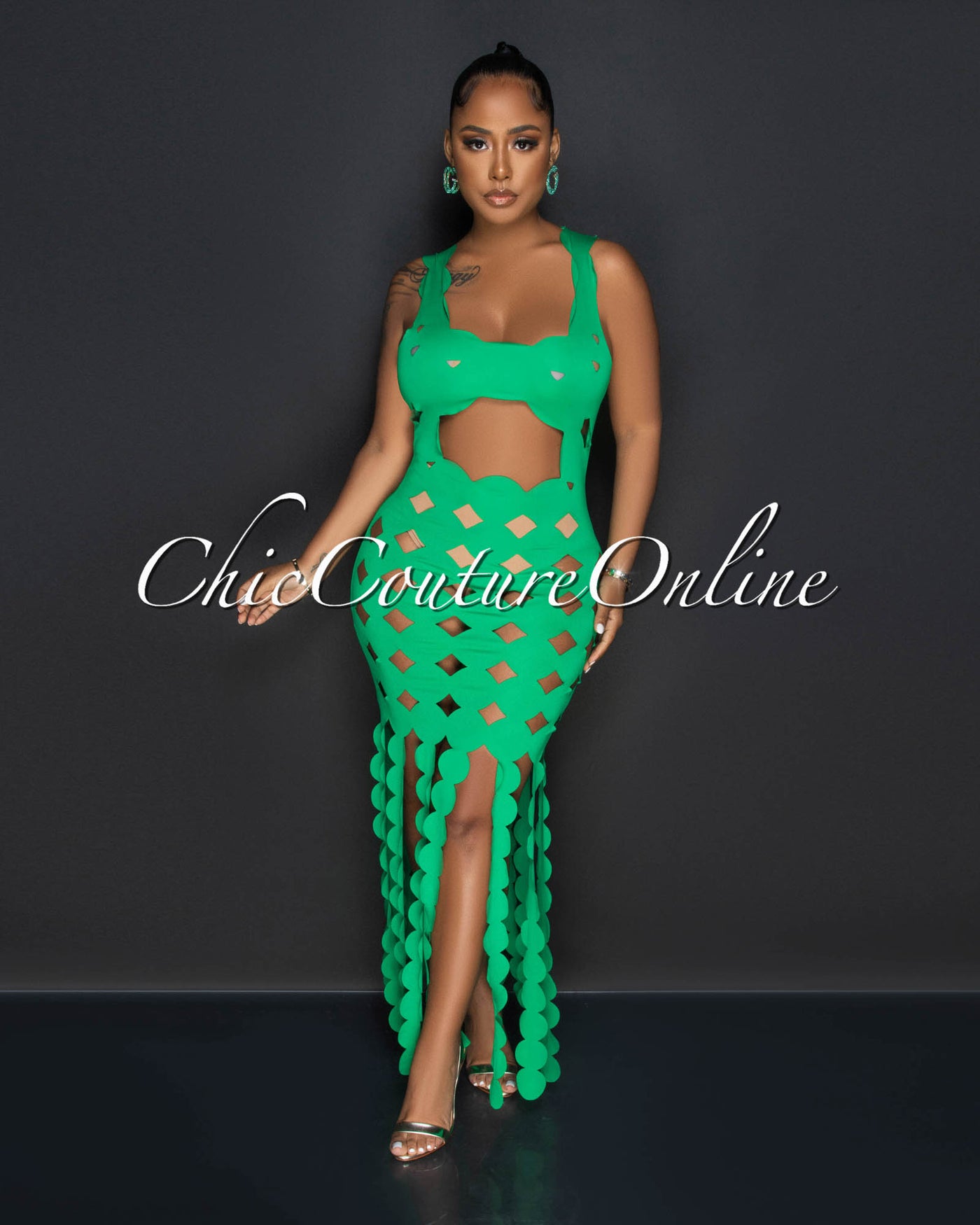 *Labiah Green Perforated Fringe Dress