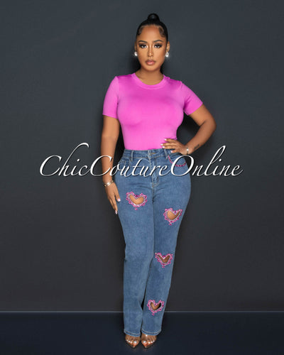 Mandy Medium Denim Pink Rhinestones Heart Key-Hole Jeans