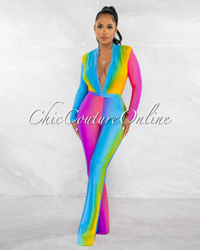 Cecilia Rainbow Multi-Color Ombre Deep V-Neck Jumpsuit