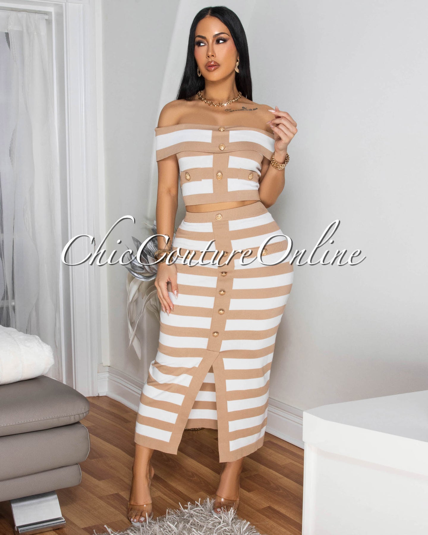 Mena Off-White Taupe Stripes Crop Top & Skirt Set