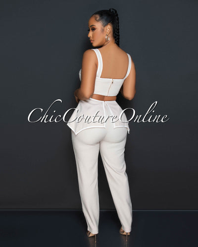 Adeen Nude White Gold Buttons Crop Top & Ruffle Pants Set