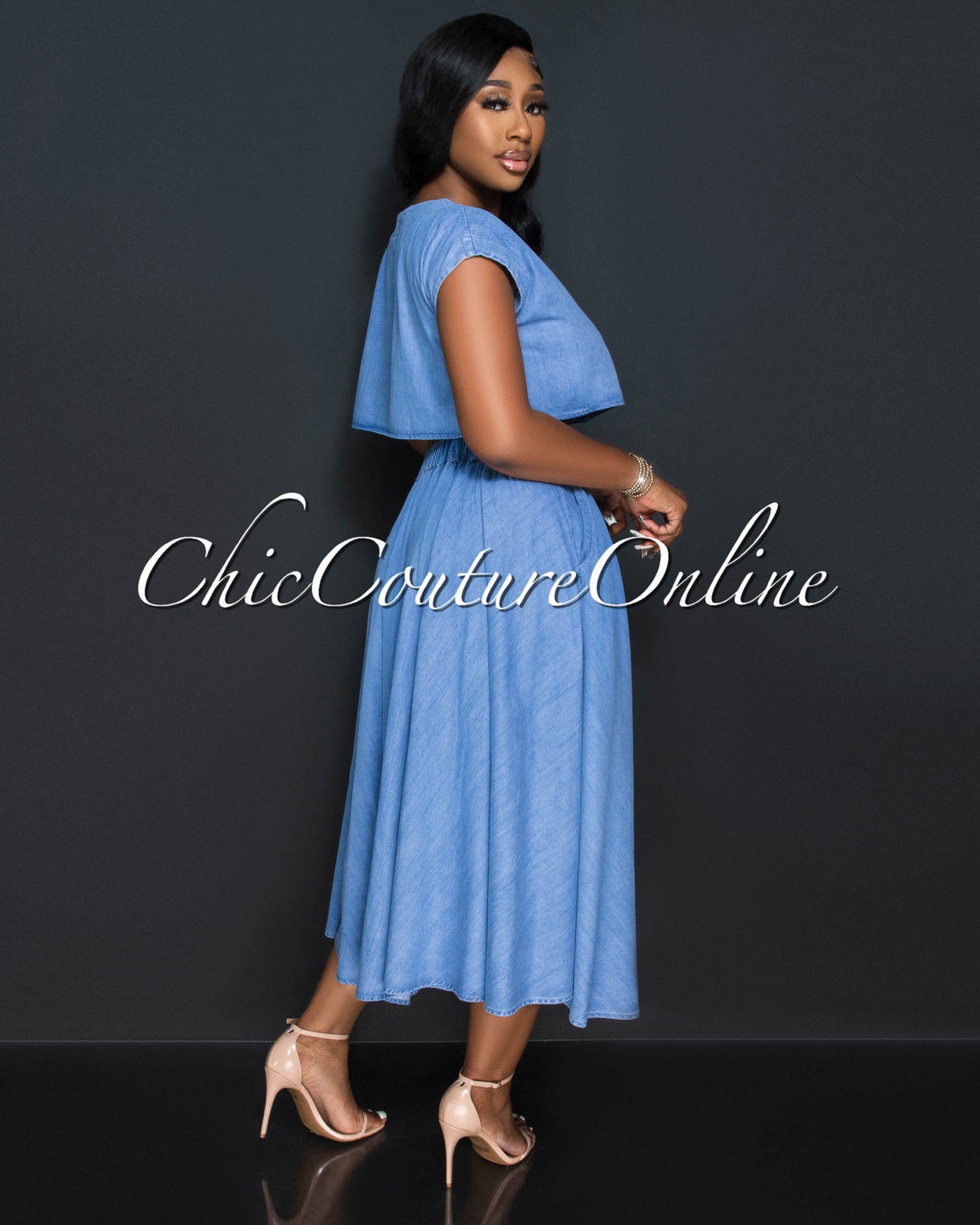 Desideria Light Denim Crop Top & Maxi Skirt Set