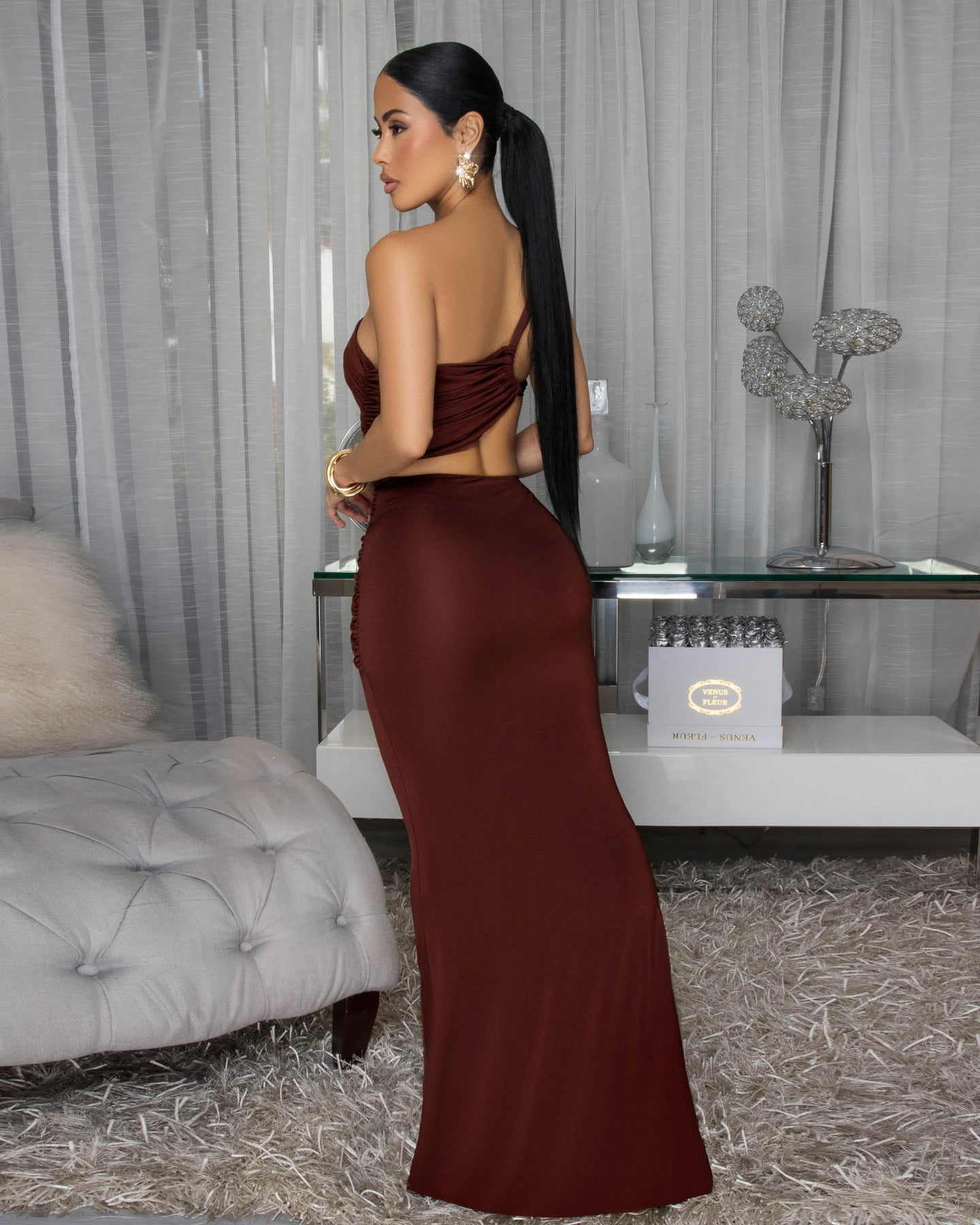 Freida Chocolate Brown Ruched Cut-Out Maxi Dress