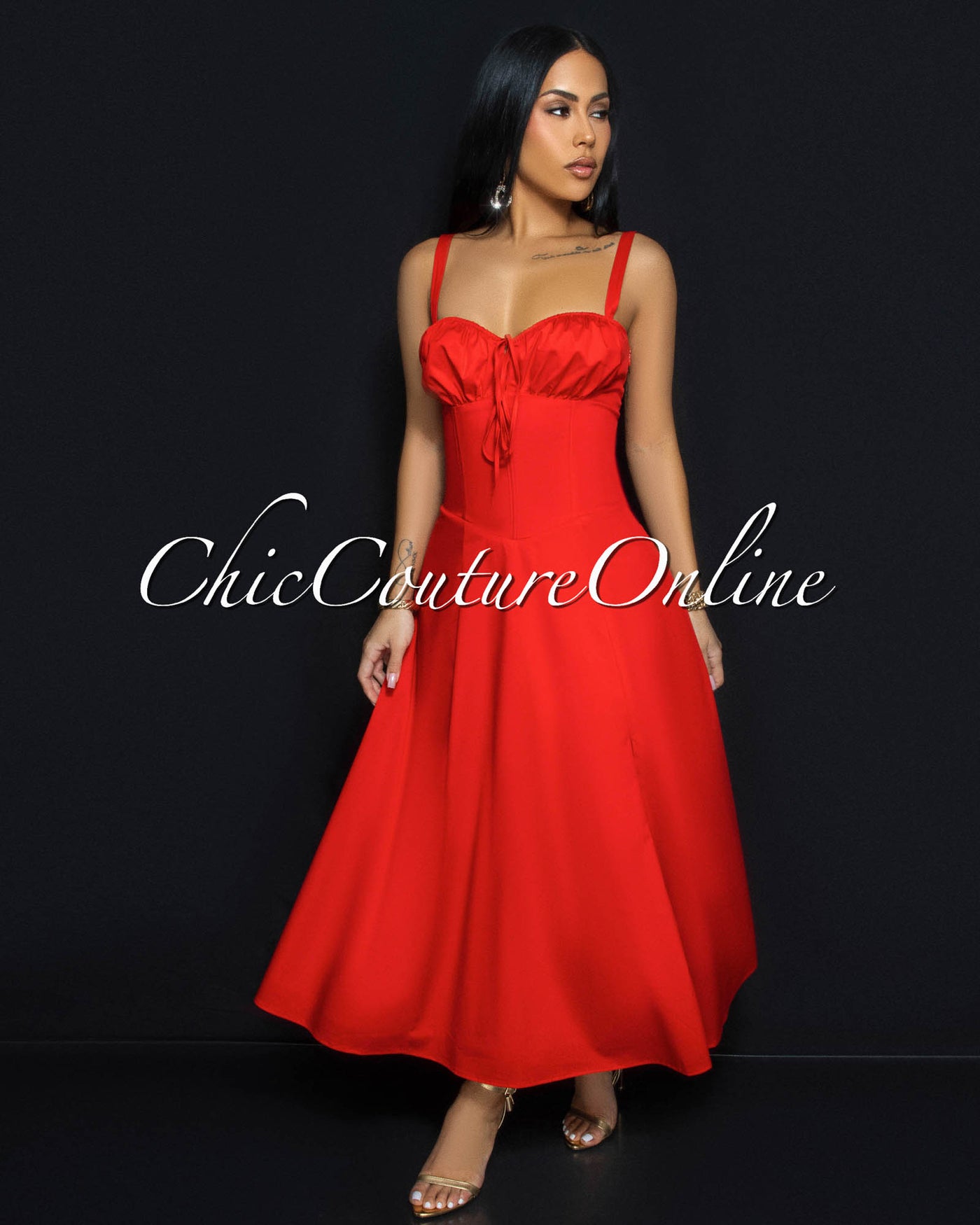 Landon Red Sweetheart Corset Midi Dress