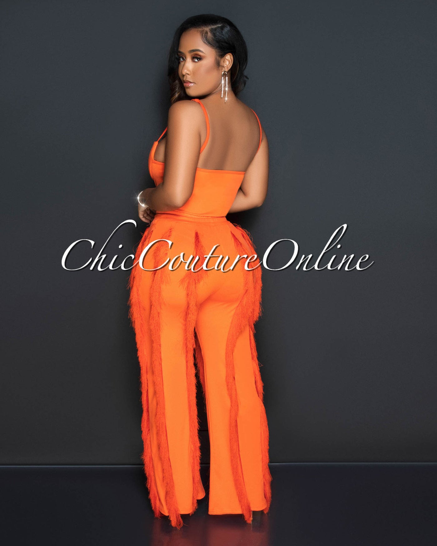 Cofra Orange Padded Cups Bodysuit & Fringe Pants Set