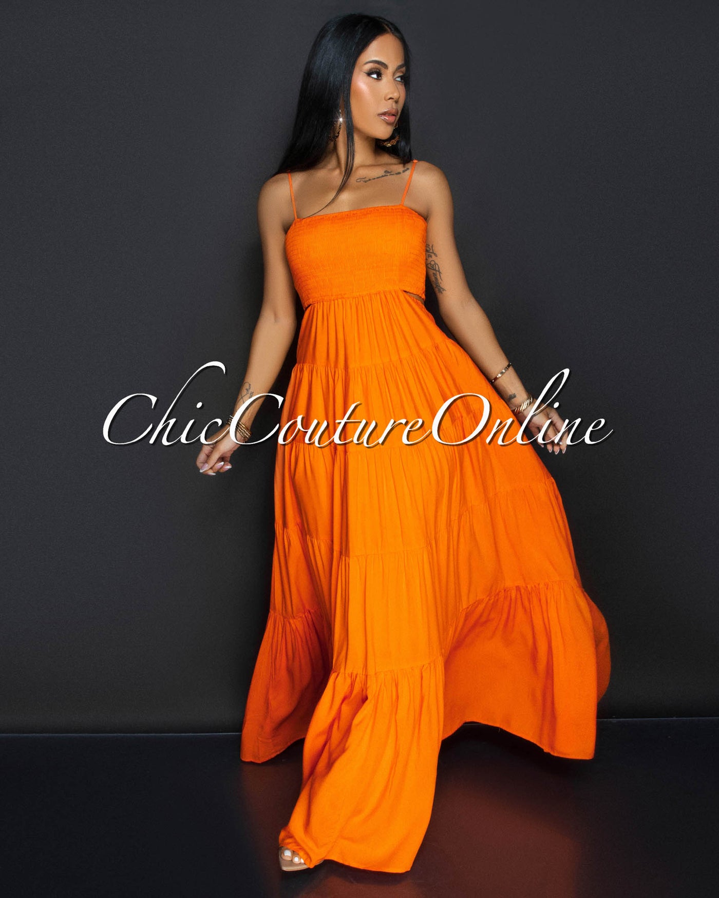 Kiri Orange Smocked Top Cut Out Ruffle Maxi Dress