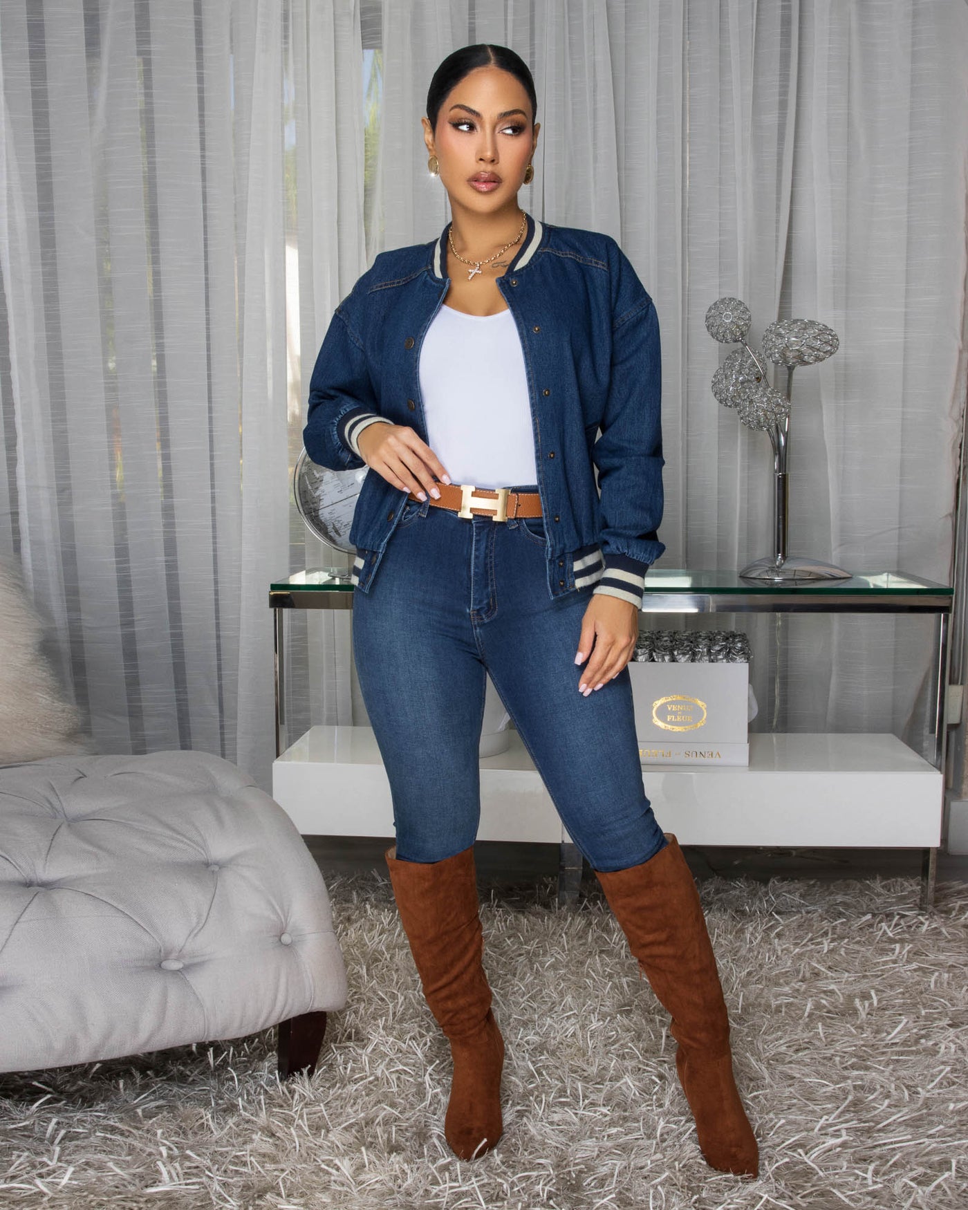 Simane Dark Wash Denim  Bomber Jacket