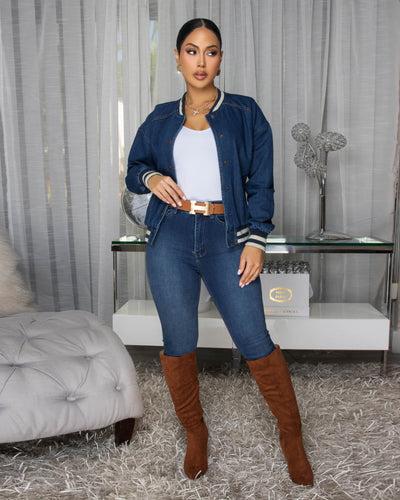 Simane Dark Wash Denim  Bomber Jacket