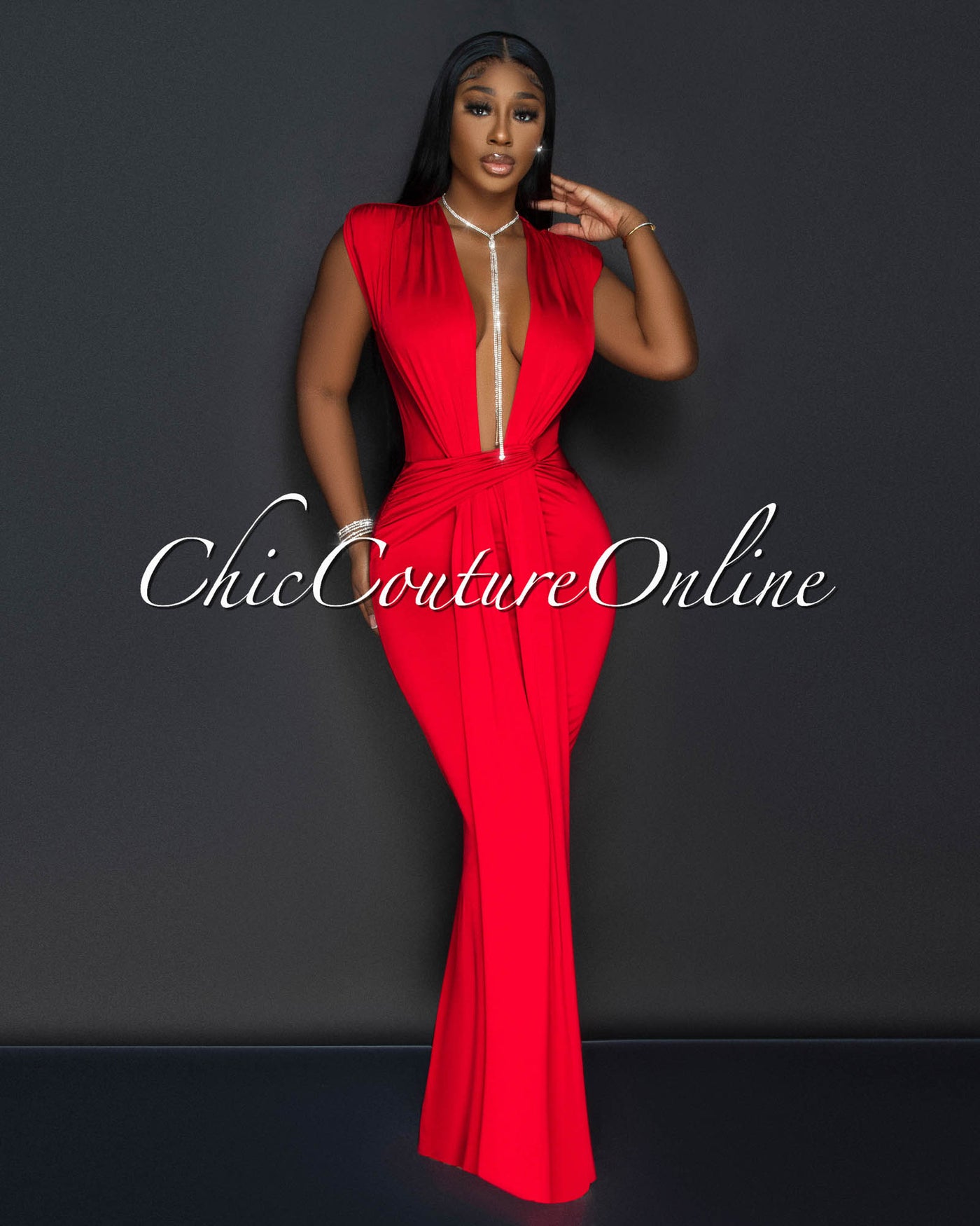 Alea Red Sleeveless Deep V Neck Maxi Dress