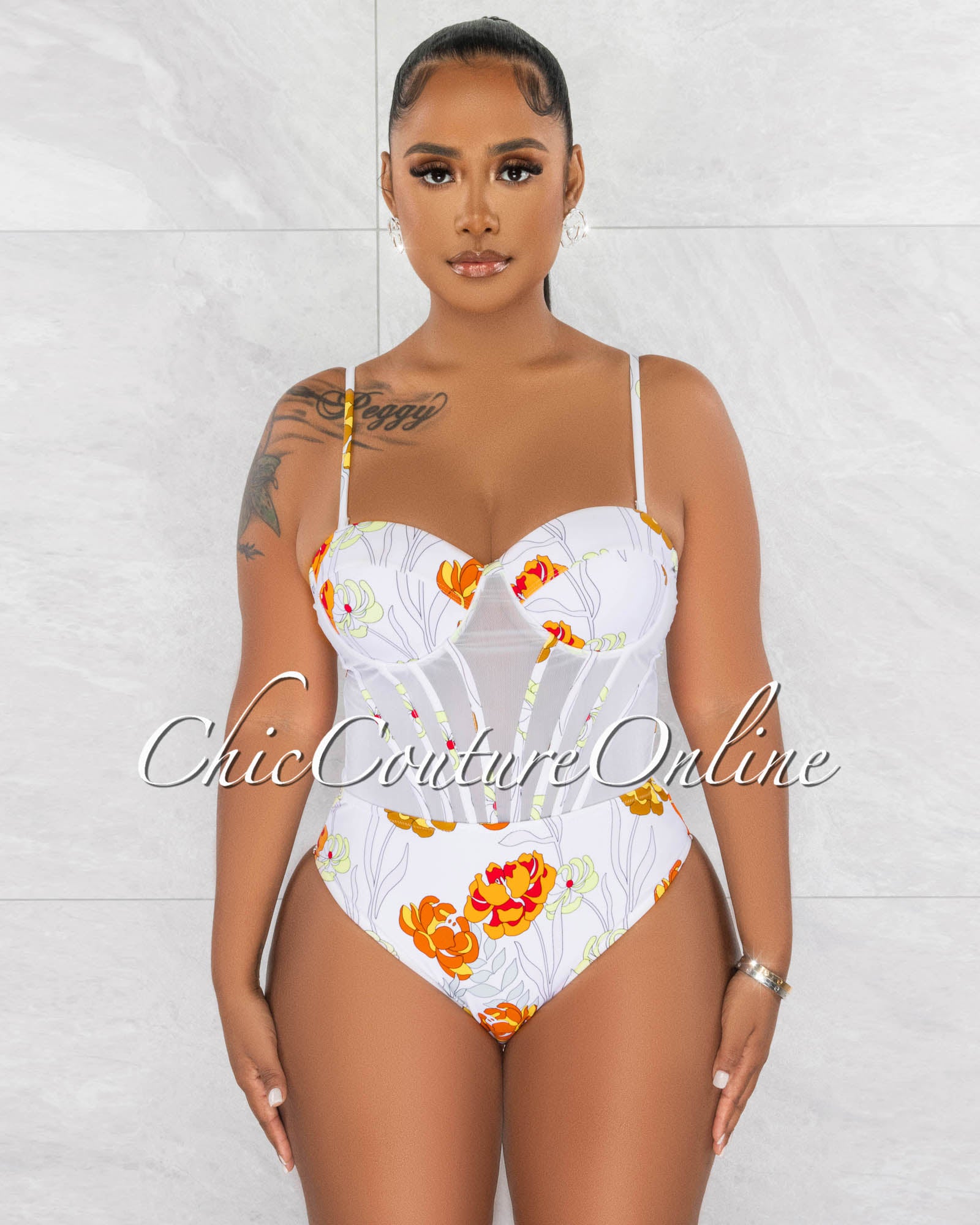 Mandel Multi-Color Print Mesh Skirt Pareo Swimsuit