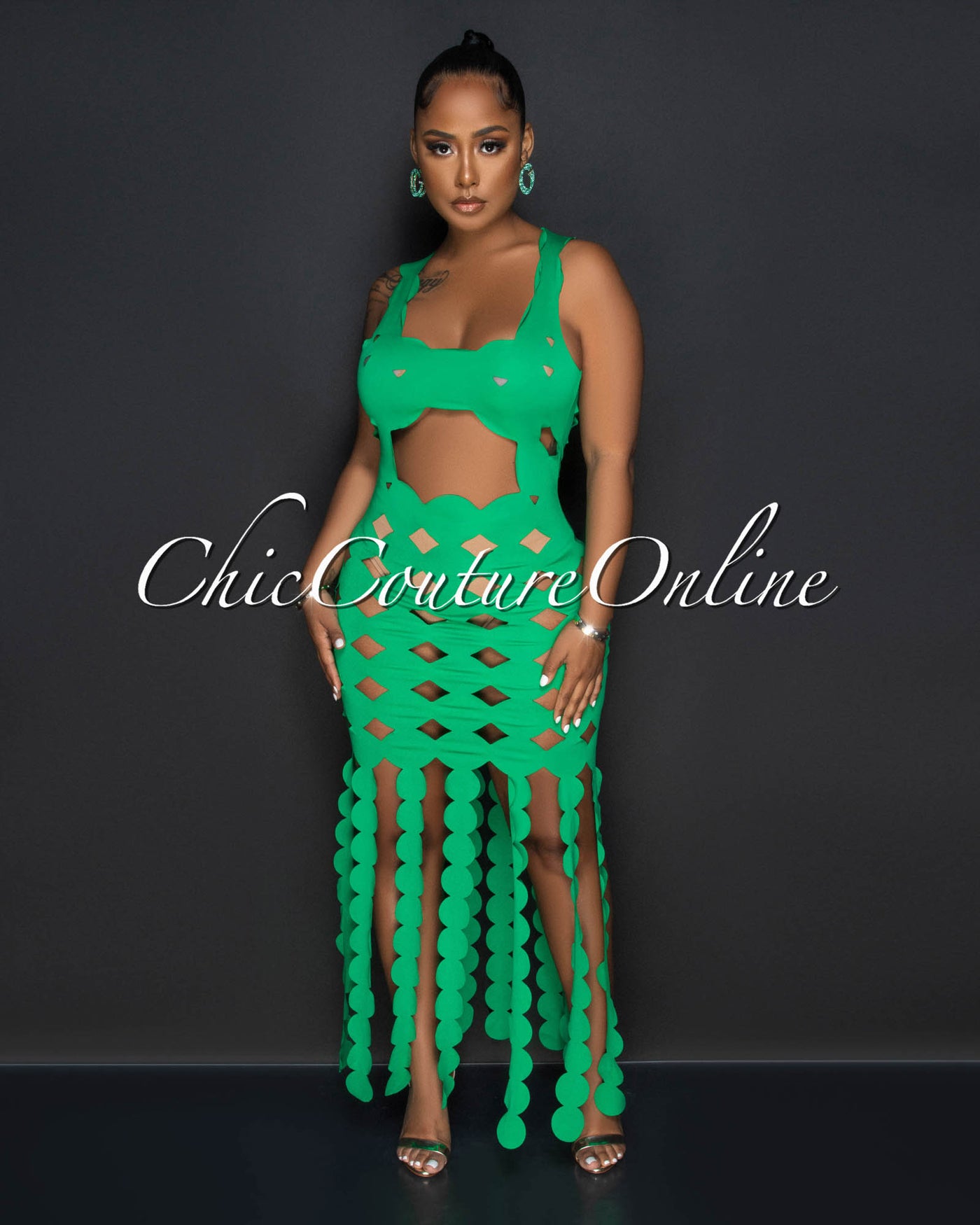 *Labiah Green Perforated Fringe Dress