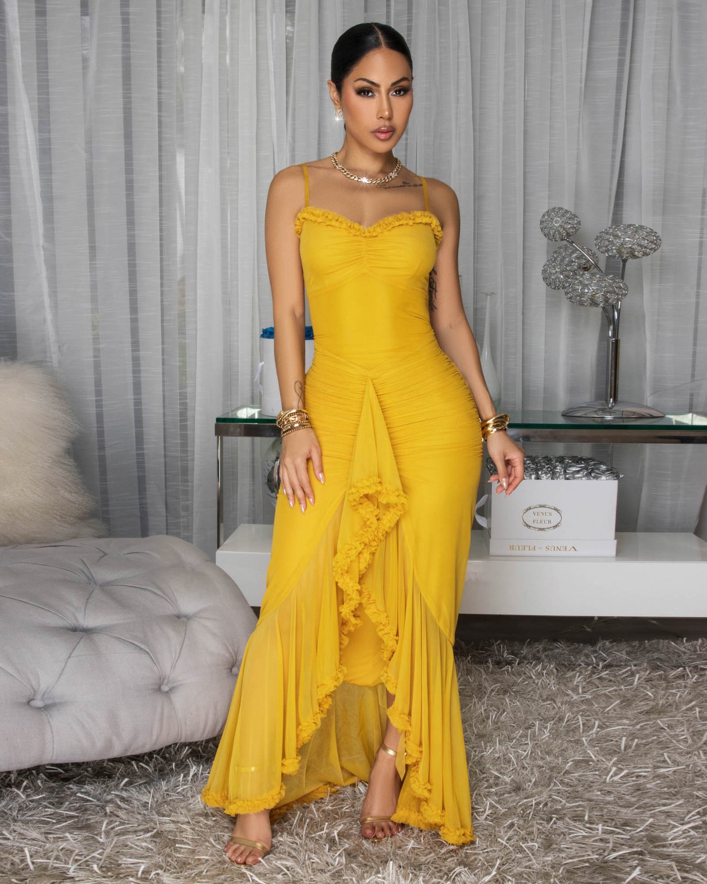 Avenley Yellow Ruffle Mesh Maxi Dress