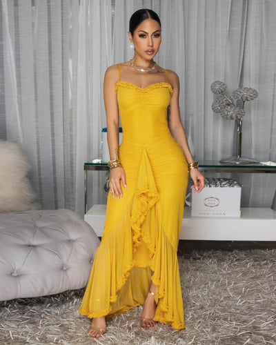 Avenley Yellow Ruffle Mesh Maxi Dress