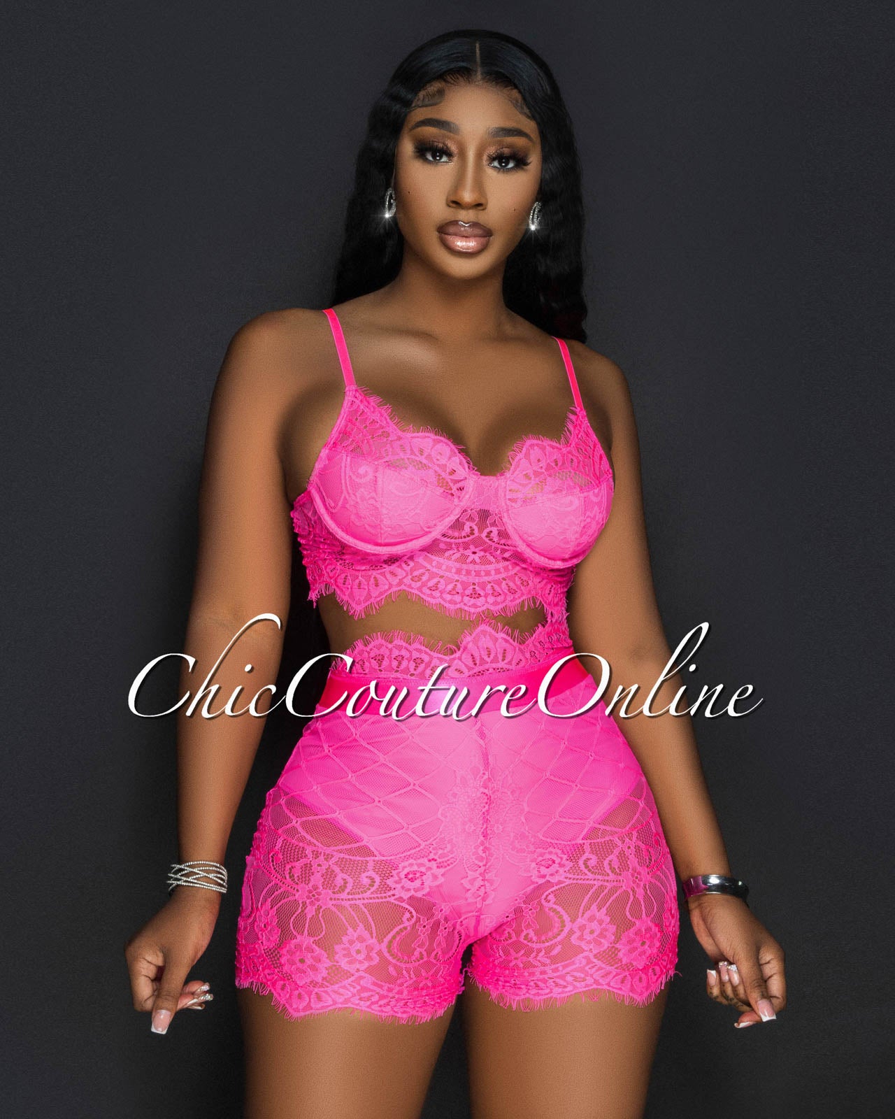 Essien Hot Pink Black Lace Bustier & Shorts Set