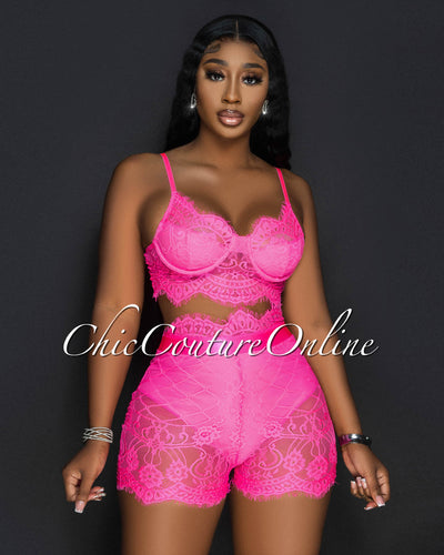 Essien Hot Pink Black Lace Bustier & Shorts Set