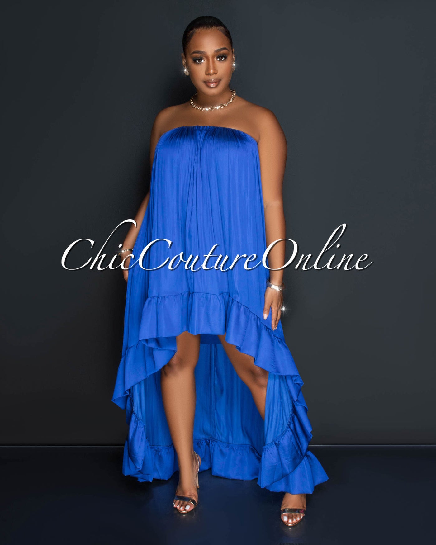 Lornie Royal Blue Hi-Low Ruffle Hem Silky Maxi Dress