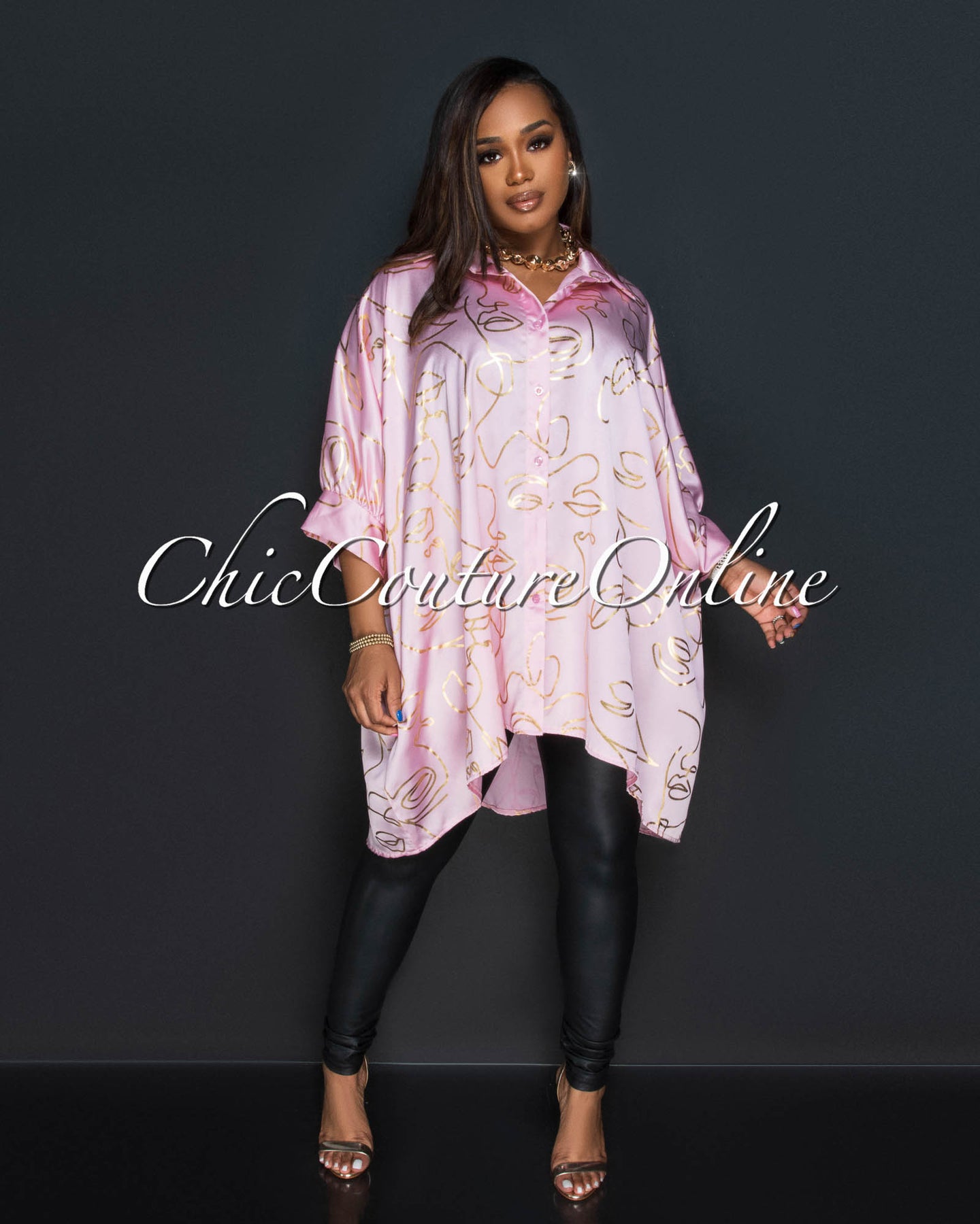 Xander Baby Pink Gold Print Shirt Dress