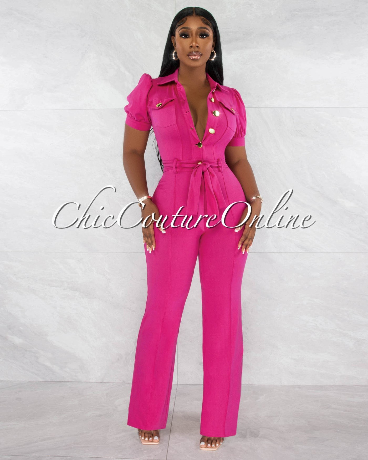 Gemini Fuchsia Gold Buttons Bubble Sleeves Jumpsuit