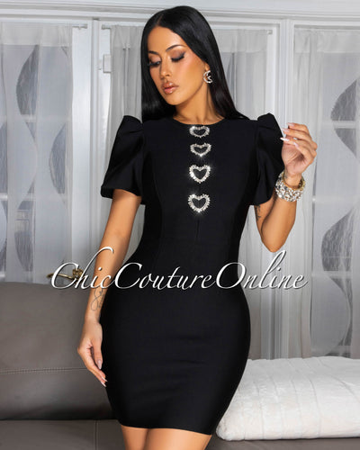 Contessa Black Puffy Sleeves Rhinestones Heart Bandage Dress