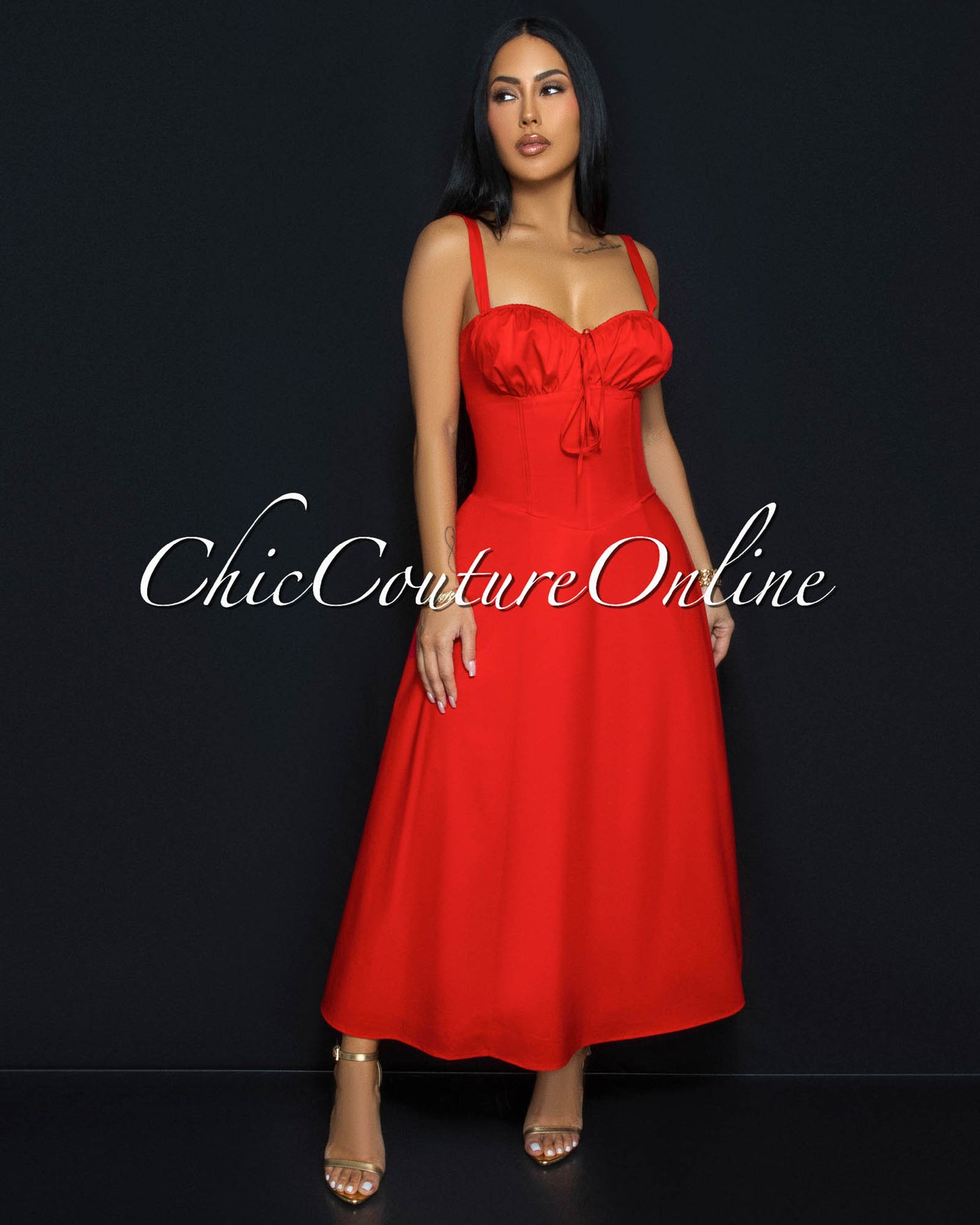 Landon Red Sweetheart Corset Midi Dress